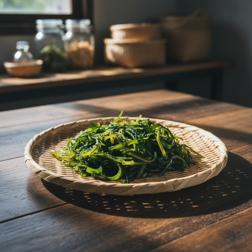A close-up, photographic shot of vibrant, freshly cultivated rain algae (雨來菇) resting in a shallow, handcrafted bamboo tray. Each delicate strand of the algae appears glossy and moist, ranging from deep emerald to lighter jade tones, with tiny droplets of water catching the light. The tray sits on a smooth, dark wooden table made from reclaimed timber, its grain subtly visible. Soft, diffused window light from the side creates gentle highlights along the algae and casts a refined shadow of the tray. The background is softly blurred, hinting at shelves with glass jars and natural fiber baskets. Captured at eye level with a shallow depth of field, the composition feels calm, clean, and artisanal, emphasizing organic quality and careful cultivation.