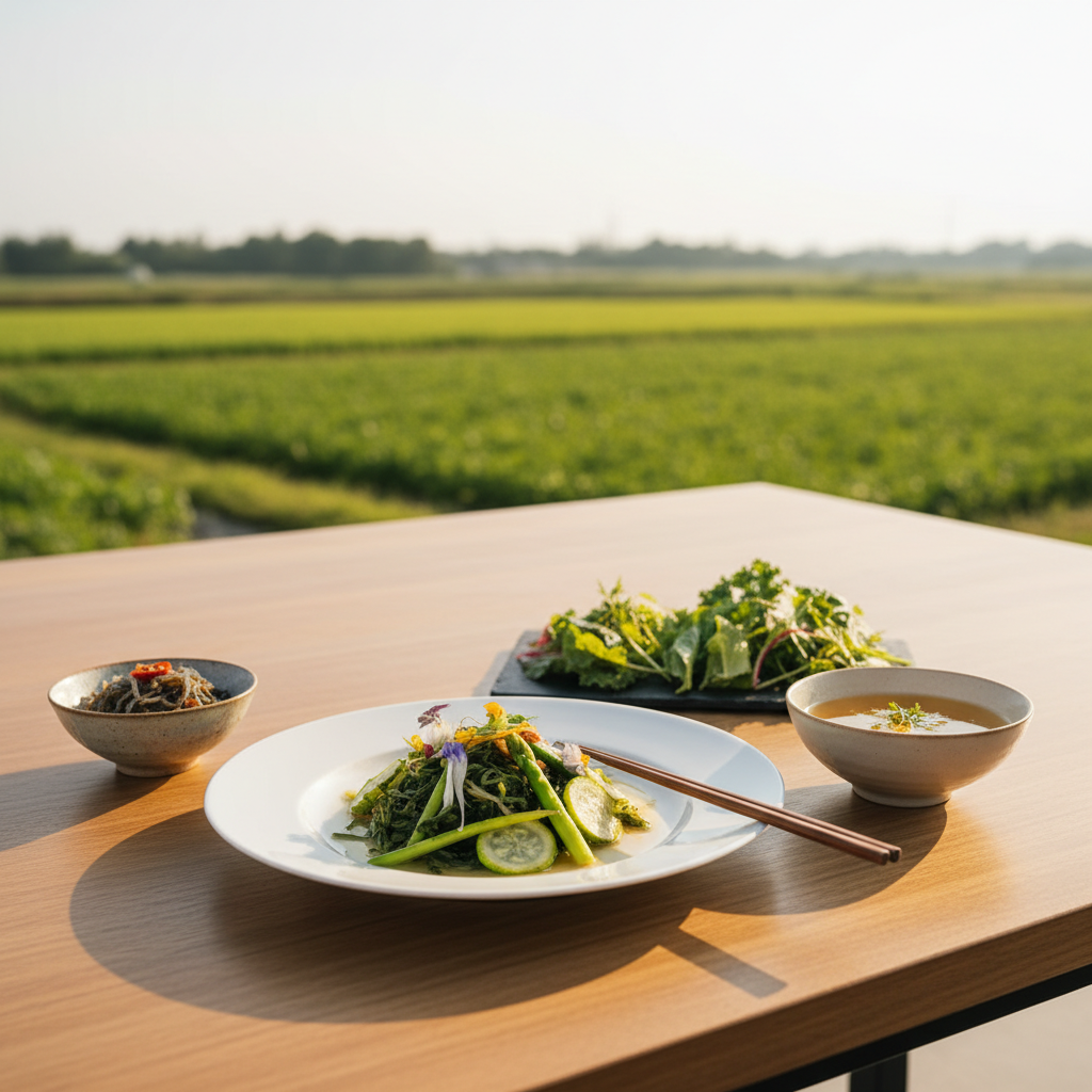 A sophisticated, photographic farm-to-table scene featuring an elegant rain algae (雨來菇) tasting set on a minimalist wooden dining table. The main dish is a porcelain plate showcasing sautéed rain algae mixed with seasonal organic vegetables in muted greens and earthy tones, glistening lightly with sauce. Beside it, small ceramic bowls hold pickled rain algae, a clear broth, and neatly arranged fresh leaves. The table is set on an open-air terrace overlooking blurred green fields of the farm in the distance. Late afternoon golden light washes across the setting, creating warm highlights on the ceramics and gentle shadows under the dishes. Shot from a slightly elevated angle with a balanced composition, the atmosphere is tranquil, refined, and inviting, emphasizing the journey from cultivation to cuisine.