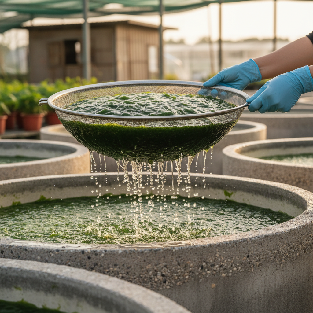 A photographic close-up of a rain algae (雨來菇) harvesting scene where a wide, shallow stainless-steel sieve lifts a dense layer of deep green algae from a clear cultivation basin. Water cascades in thin, shimmering streams back into the basin, creating dynamic droplets frozen midair. The sieve rests on the edge of a smooth concrete basin wall with finely textured surfaces. Diffused afternoon daylight from an open-sided structure illuminates the algae’s glossy texture and subtle color variations, while the background softly blurs into more basins and green farm elements. Captured from a slightly low, three-quarter angle with a shallow depth of field, the mood is dynamic yet orderly, highlighting purity, careful handling, and hygienic organic production.