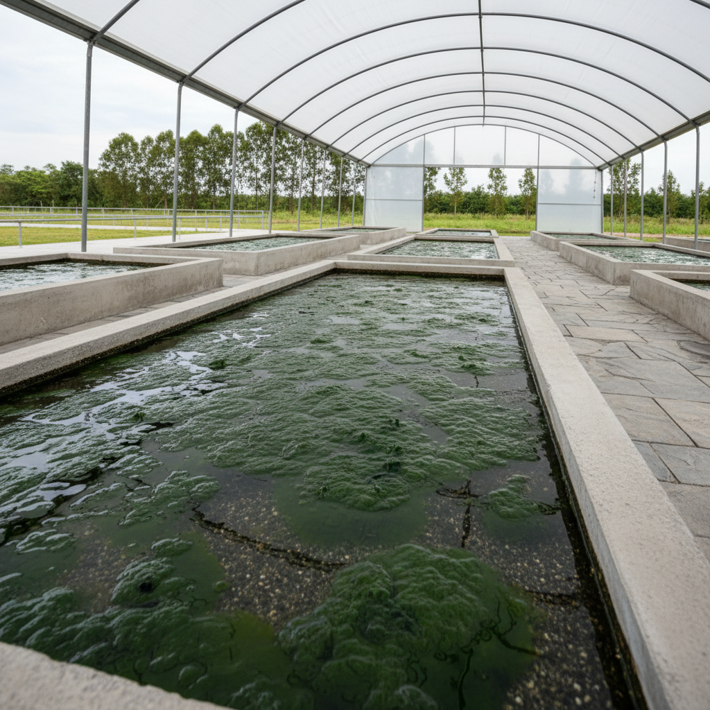 A detailed, photographic view of a rain algae (雨來菇) cultivation area under a modern, eco-friendly shelter. Low, rectangular shallow basins filled with clear water and fine cultivation substrate stretch into the midground, each basin showing dense, velvety mats of dark green algae. Between the basins, clean stone walkways with subtle textures guide the eye toward an open side of the structure, revealing a distant tree-lined boundary of the farm. Soft, bright daylight filters through a translucent roof, creating evenly diffused light with delicate reflections on the water surfaces. Captured from a low, slightly diagonal angle, the composition emphasizes linear perspective and depth. The mood is clean, methodical, and innovative, highlighting sustainable agricultural technology while maintaining a natural, organic aesthetic.
