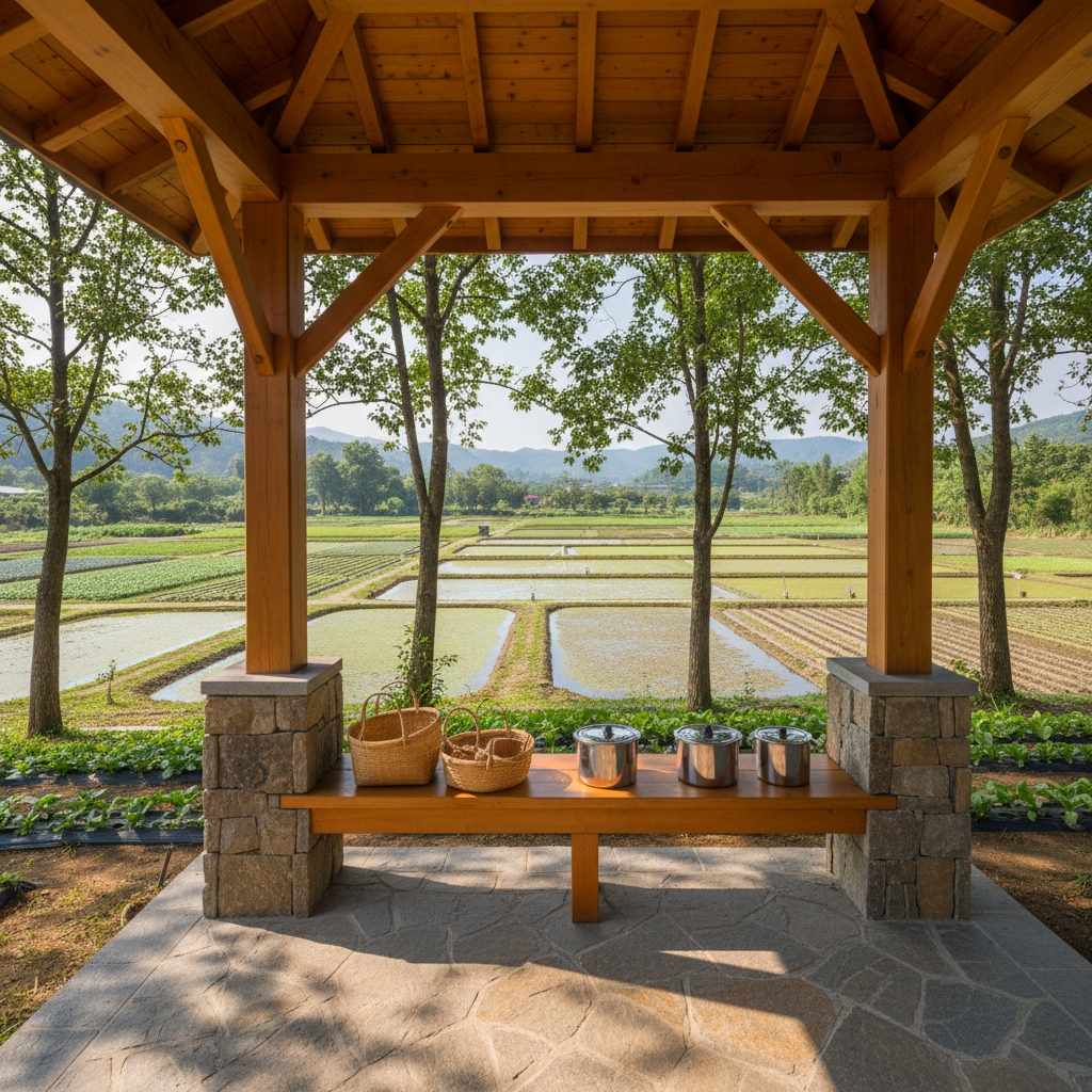 A tranquil, photographic farm environment scene featuring a shaded rest pavilion overlooking a rain algae (雨來菇) landscape. The pavilion is constructed from warm-toned wood and natural stone, with an open design that frames the view of cultivation ponds and surrounding organic fields. On a polished wooden bench, woven baskets and stainless-steel containers sit neatly arranged, suggesting prepared harvest equipment without any human presence. Soft, filtered midday light passes through surrounding trees, casting dappled patterns on the floor and gentle reflections on nearby water surfaces. Shot at eye level with a wide-angle lens, the composition uses the pavilion’s beams to lead the viewer’s gaze outward toward the farm. The atmosphere is peaceful, contemplative, and subtly luxurious, evoking a refined eco-retreat.
